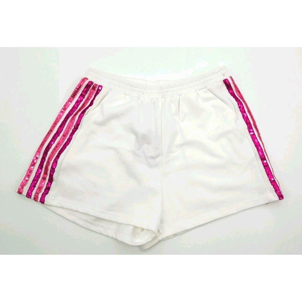 NWT Sporty White Pink Sequin Stripe Lounge Shorts Y2K Coquette Barbiecore L